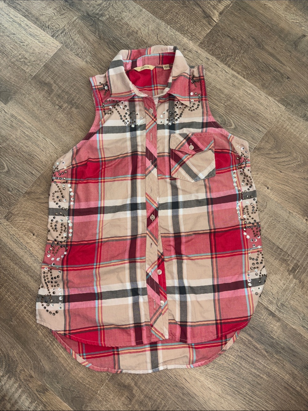 Guess Sleeveless Plaid Button-Up in Red & Beige with Stud Accents